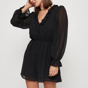 Dynamite Long Sleeve Flowy Ruffle Neckline Romper Black Dress
